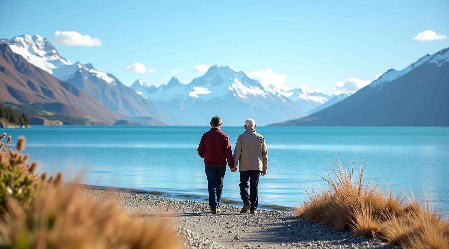 Pareja de jubilados caminando junto al Lago Argentino con montañas de fondo en El Calafate, disfrutando de una caminata segura