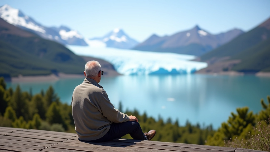 Hombre mayor sentado en un banco de mirador con vista panorámica de montañas y lago, disfrutando del paisaje en tranquilidad