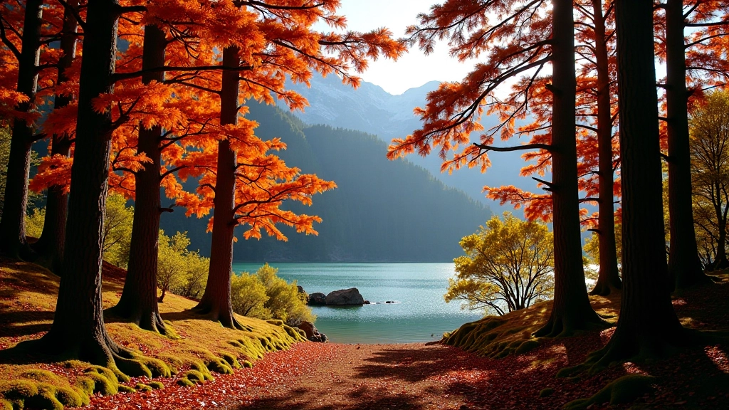 Bosque de lengas en otoño con árboles en tonos rojo y naranja, luz natural penetrando entre las ramas