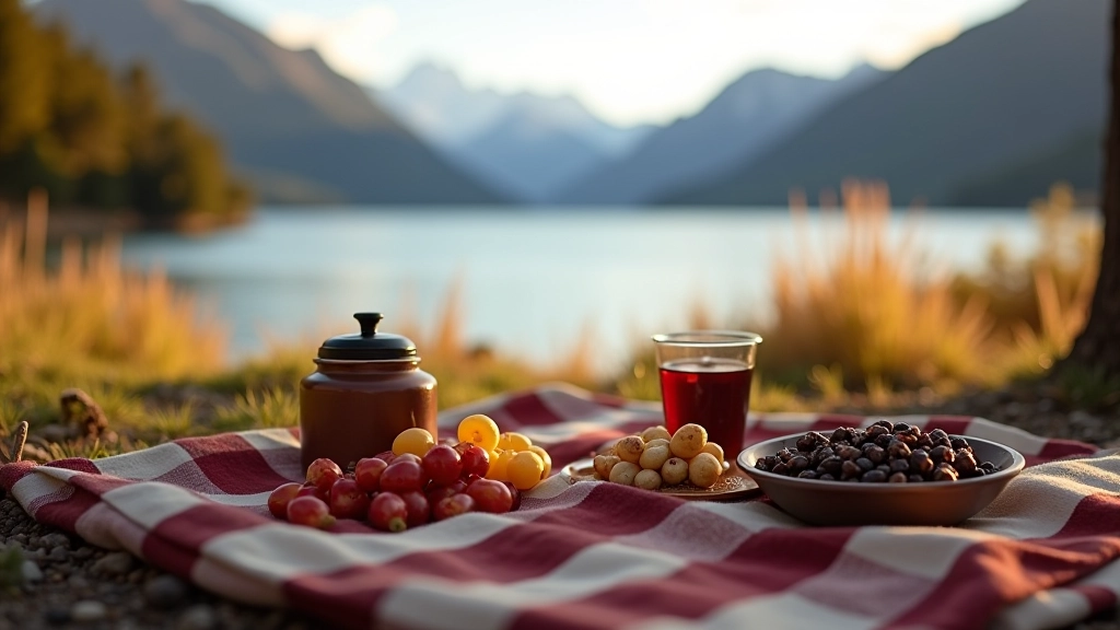 Configuración de picnic junto al lago con mantel, alimentos, bebidas y vista al agua de fondo en día soleado
